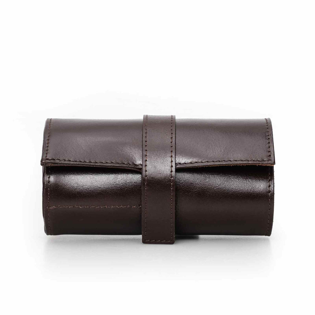 Handmade full-grain waxed leather 6-watch roll, closed view