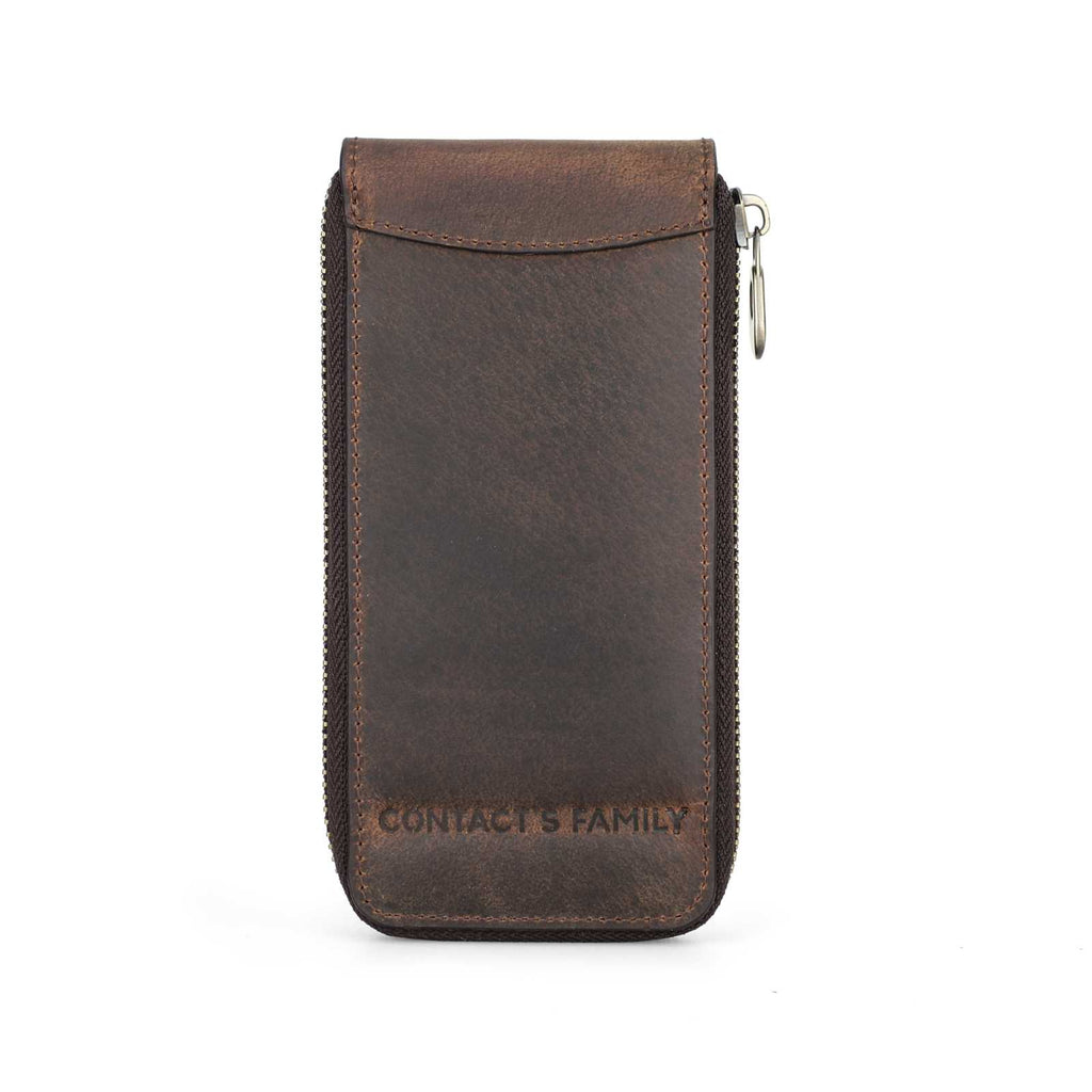 Handmade full-grain leather single-watch case with card slot in Coffee, front view