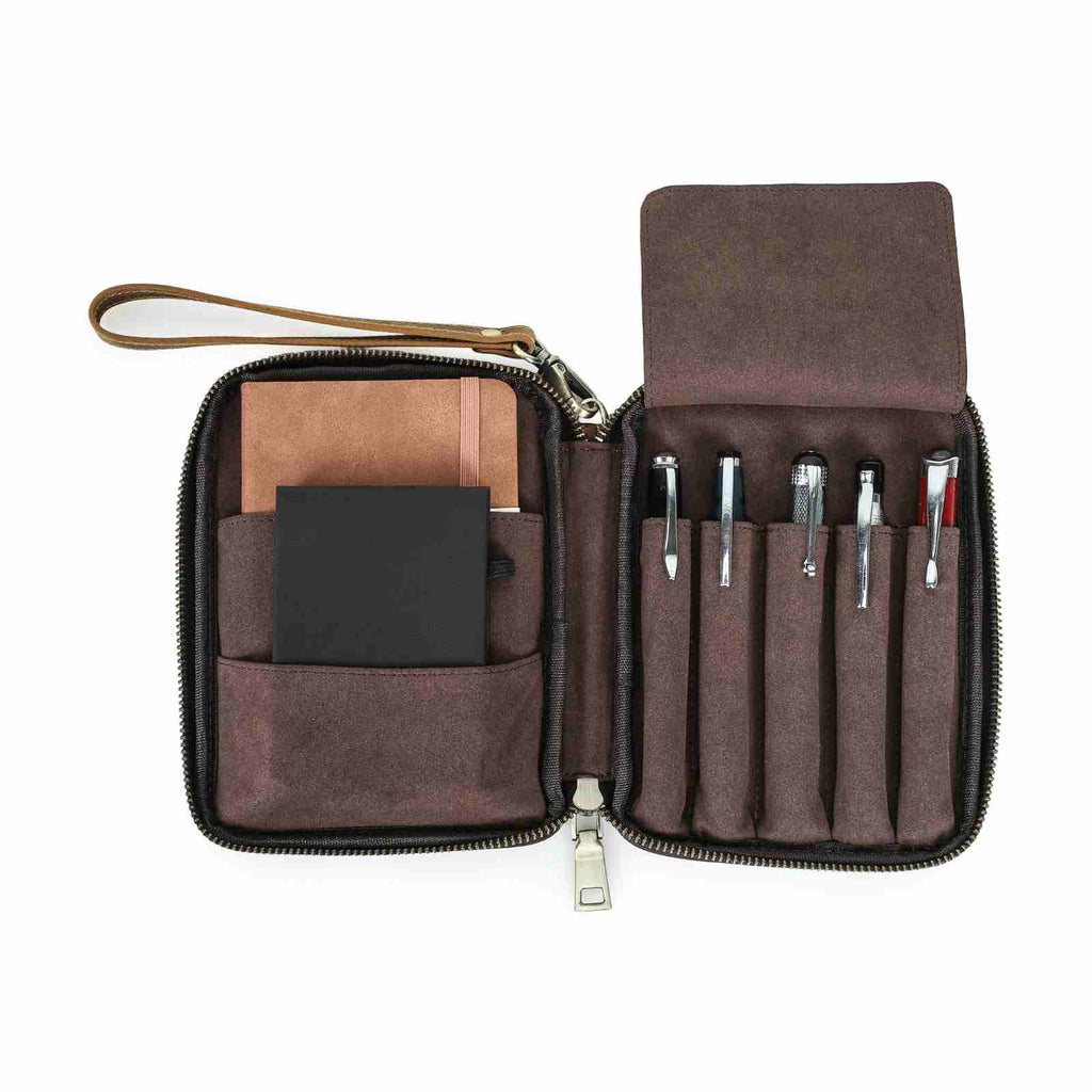 Handmade Full-Grain Leather 5-Pen & A6 Notebook Travel Case
