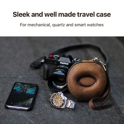 CONTACTS FAMILY Genuine Leather Single Watch Case Donut Shape Hand Strap Portable Mini Travel Watch Storage Pouch Men Watches Box