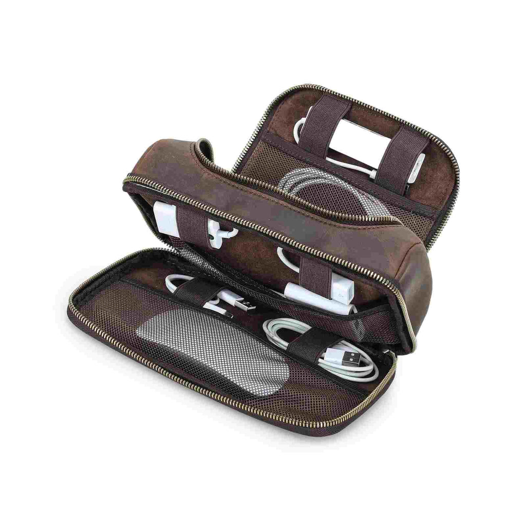 Handmade full-grain leather digital accessory organizer — Coffee