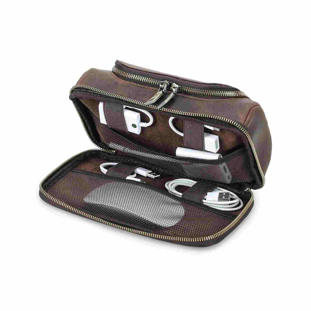 Handmade full-grain leather digital accessory organizer — Coffee