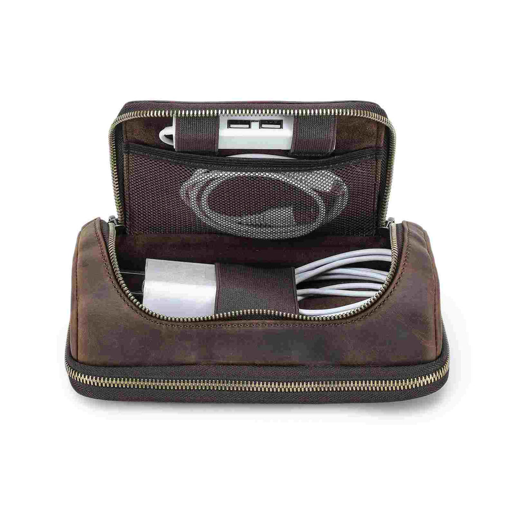 Handmade full-grain leather digital accessory organizer — Coffee