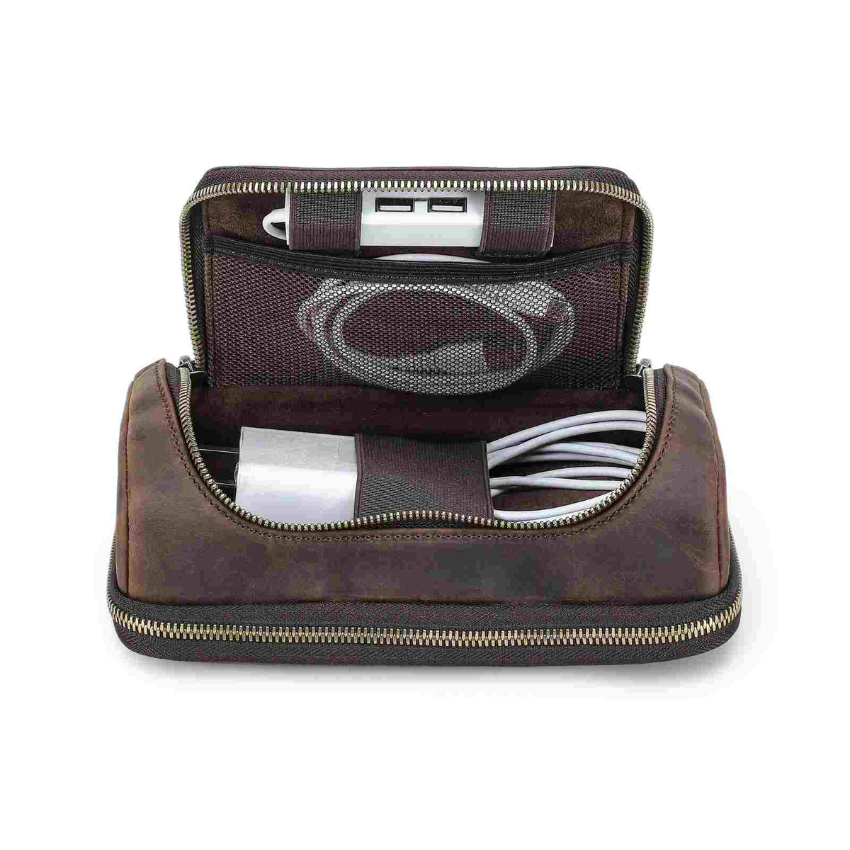Handmade full-grain leather digital accessory organizer — Coffee