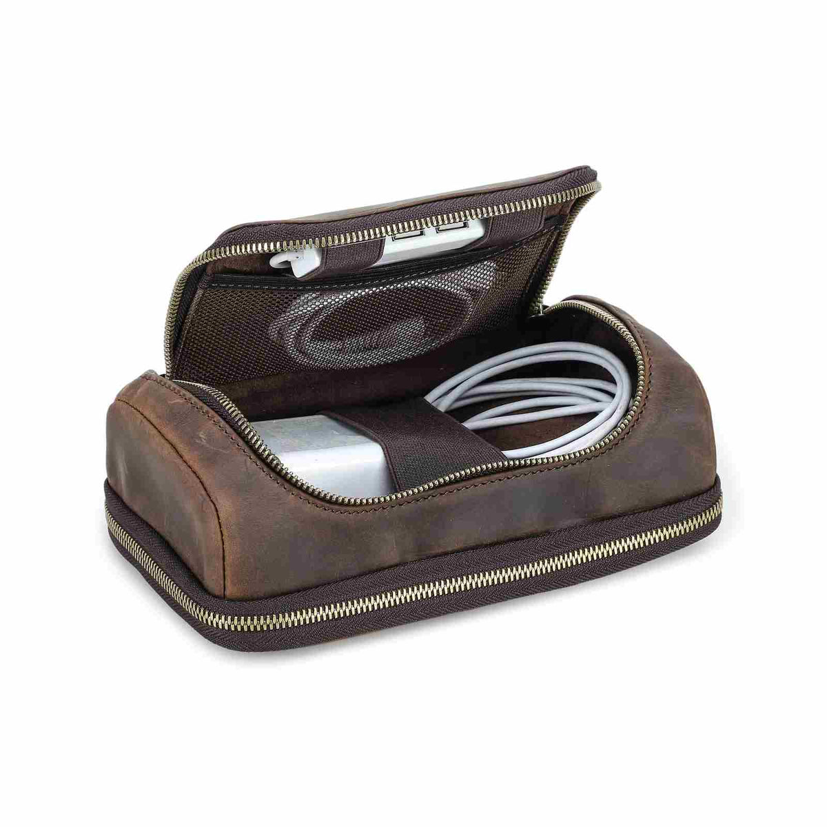 Handmade full-grain leather digital accessory organizer — Coffee
