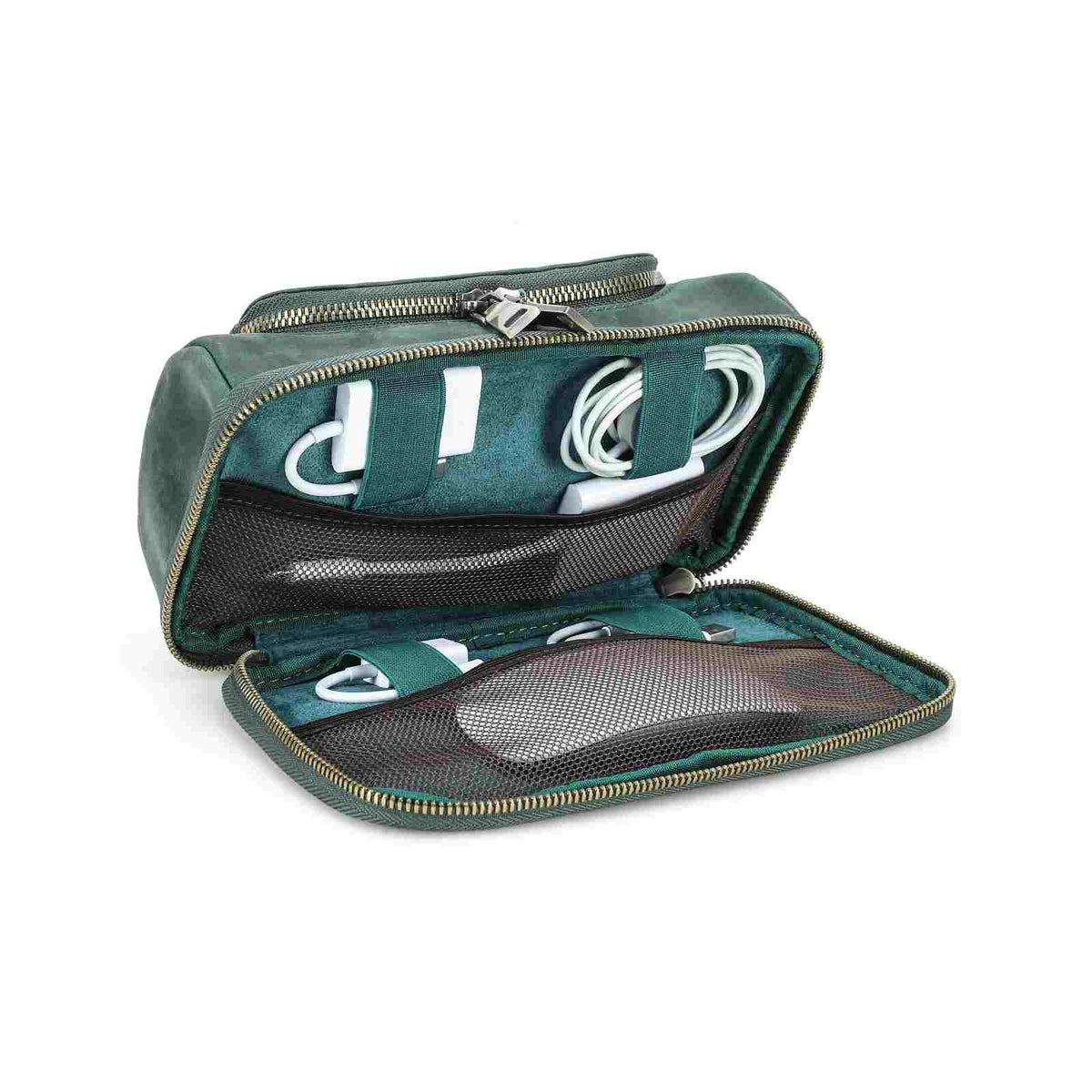Handmade full-grain leather digital accessory organizer — Green