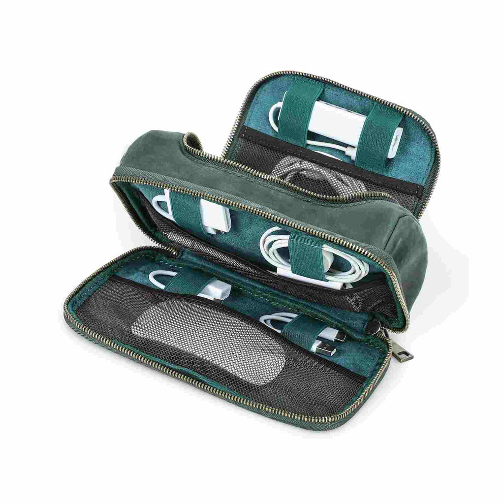 Handmade full-grain leather digital accessory organizer — Green