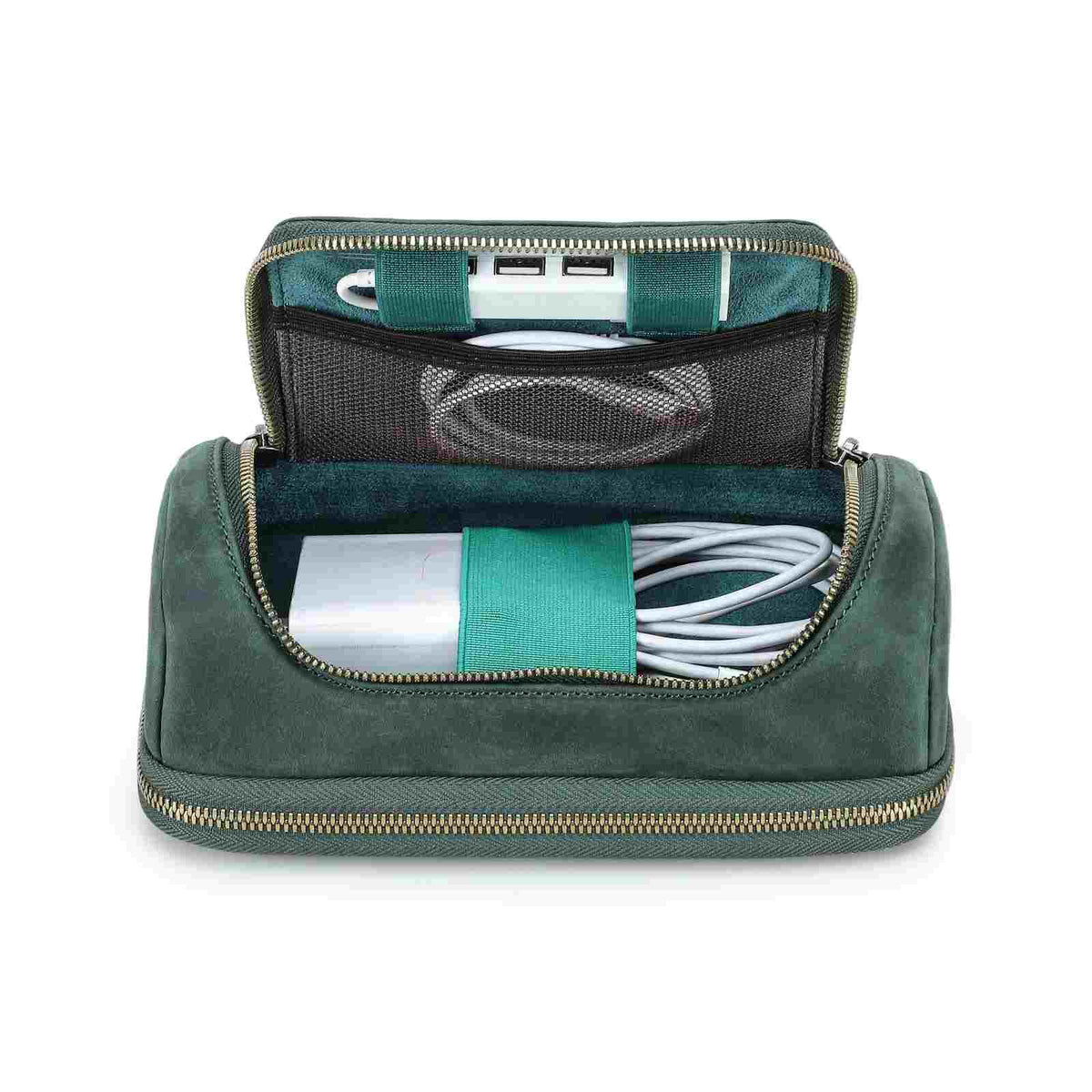 Handmade full-grain leather digital accessory organizer — Green