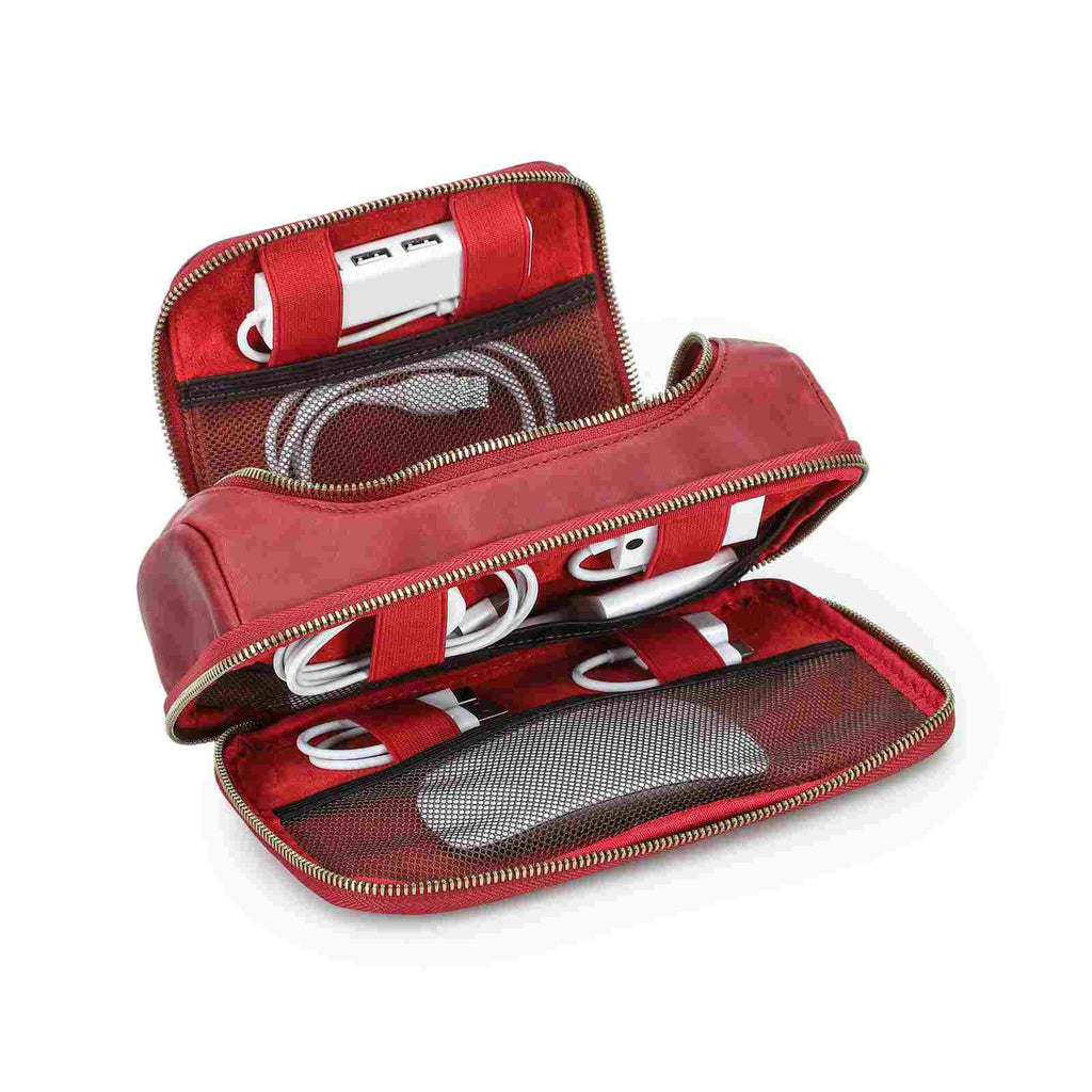 Handmade full-grain leather digital accessory organizer — Red