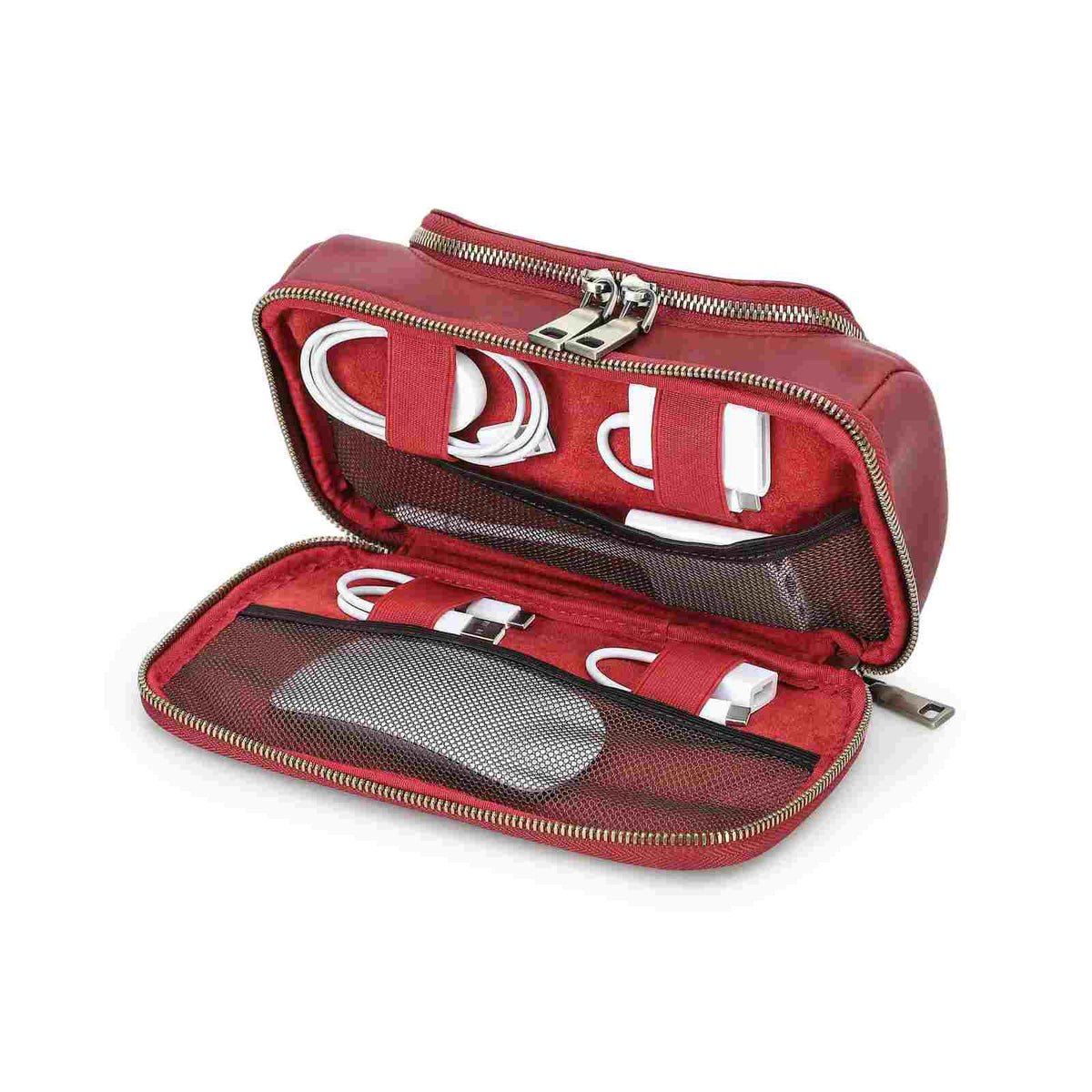 Handmade full-grain leather digital accessory organizer — Red
