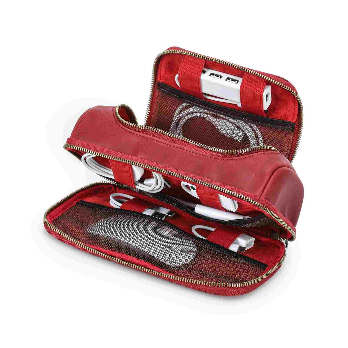 Handmade full-grain leather digital accessory organizer — Red