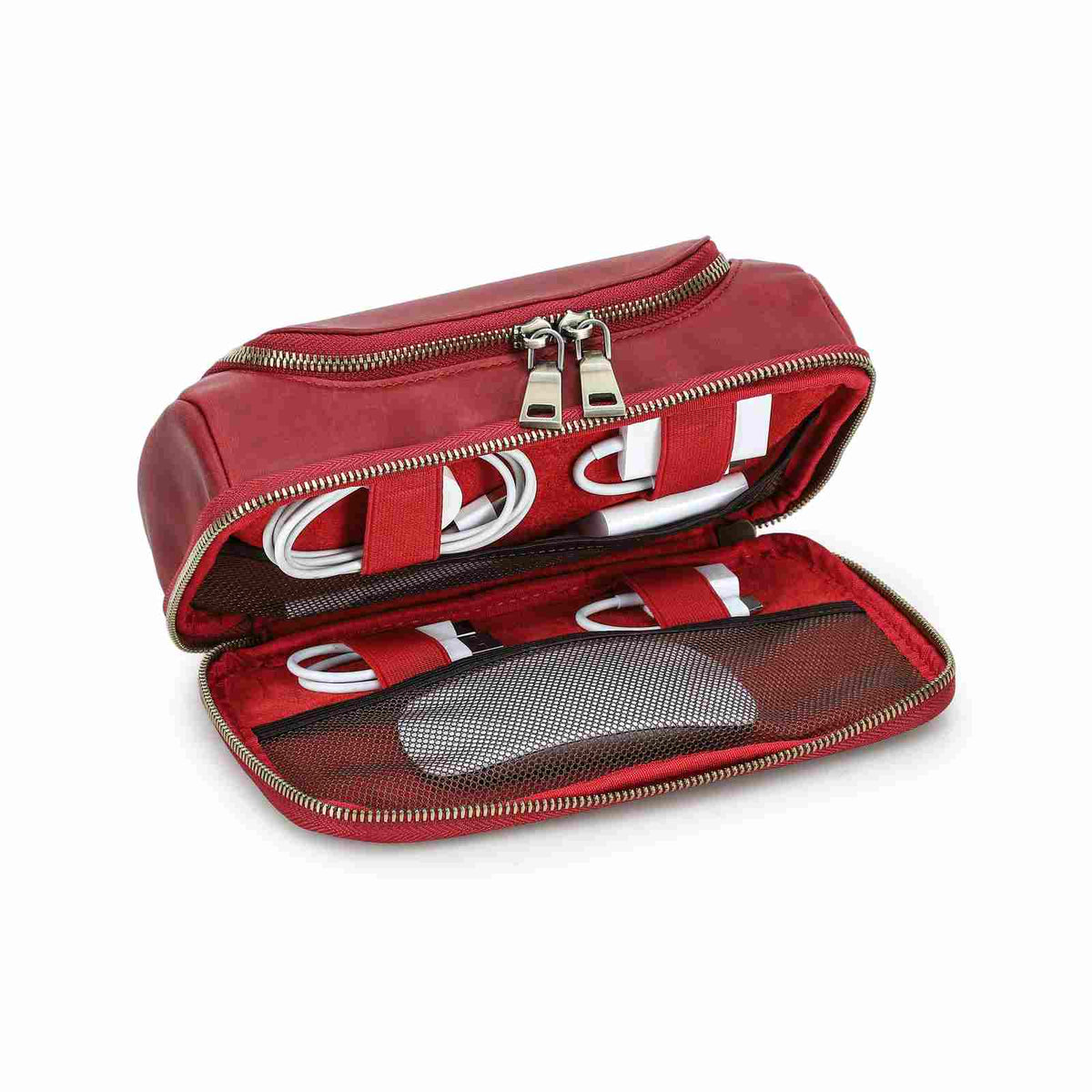 Handmade full-grain leather digital accessory organizer — Red