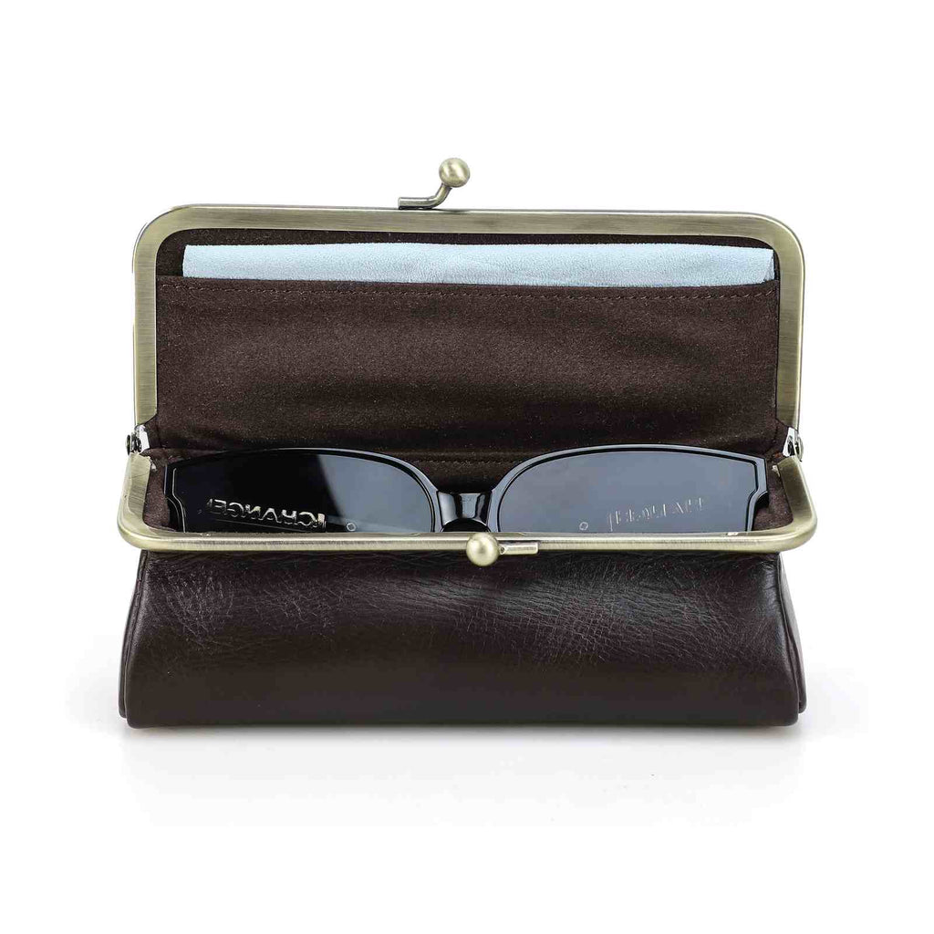 Handmade full-grain leather kiss-lock sunglasses case