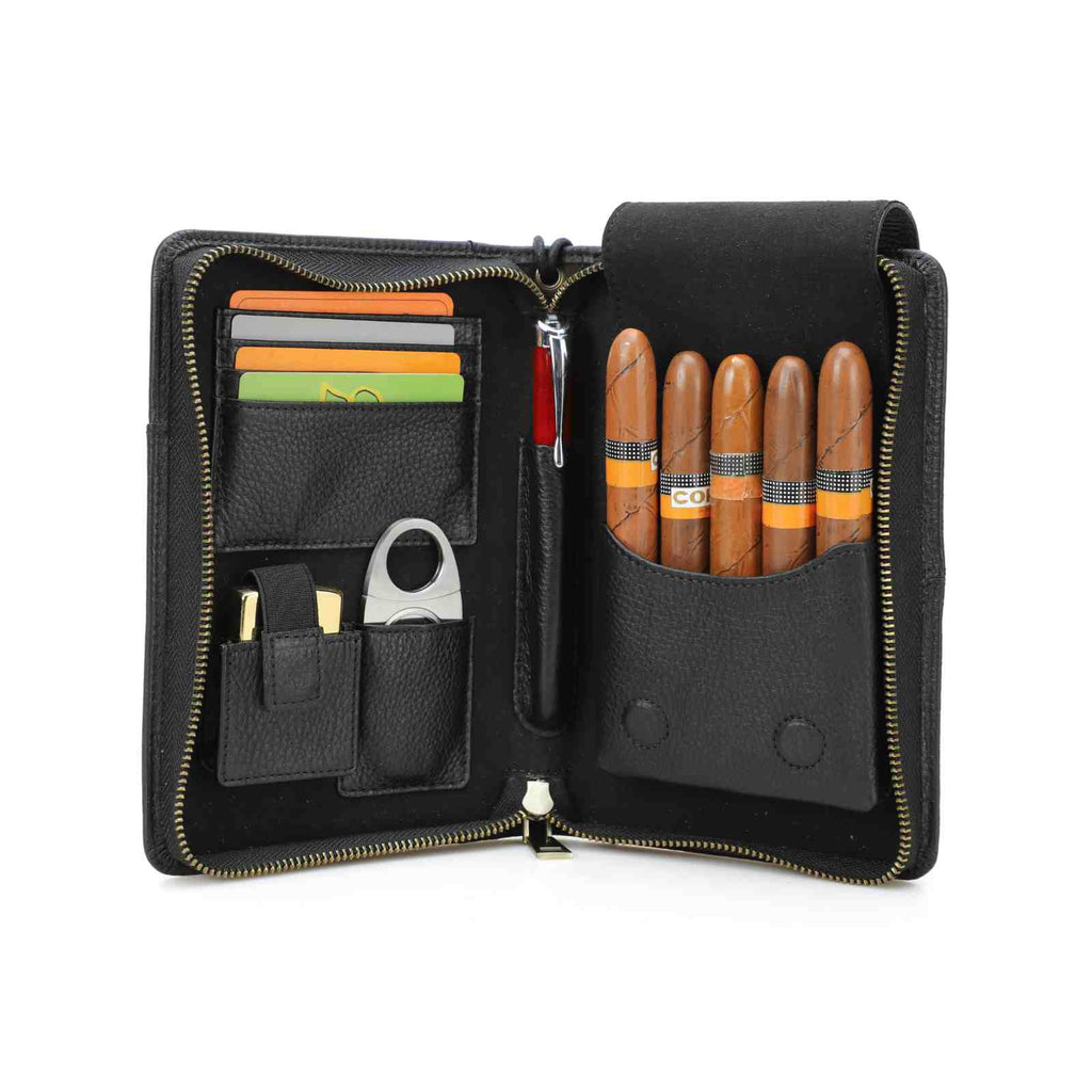 Handmade Full-Grain Leather 5-Cigar Travel Organizer — CF5009-Black
