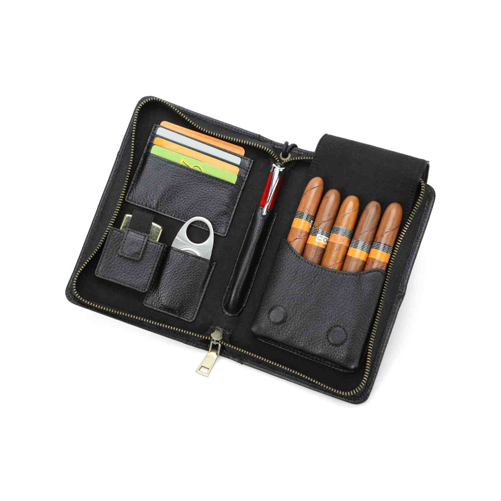 Handmade Full-Grain Leather 5-Cigar Travel Organizer — CF5009-Black