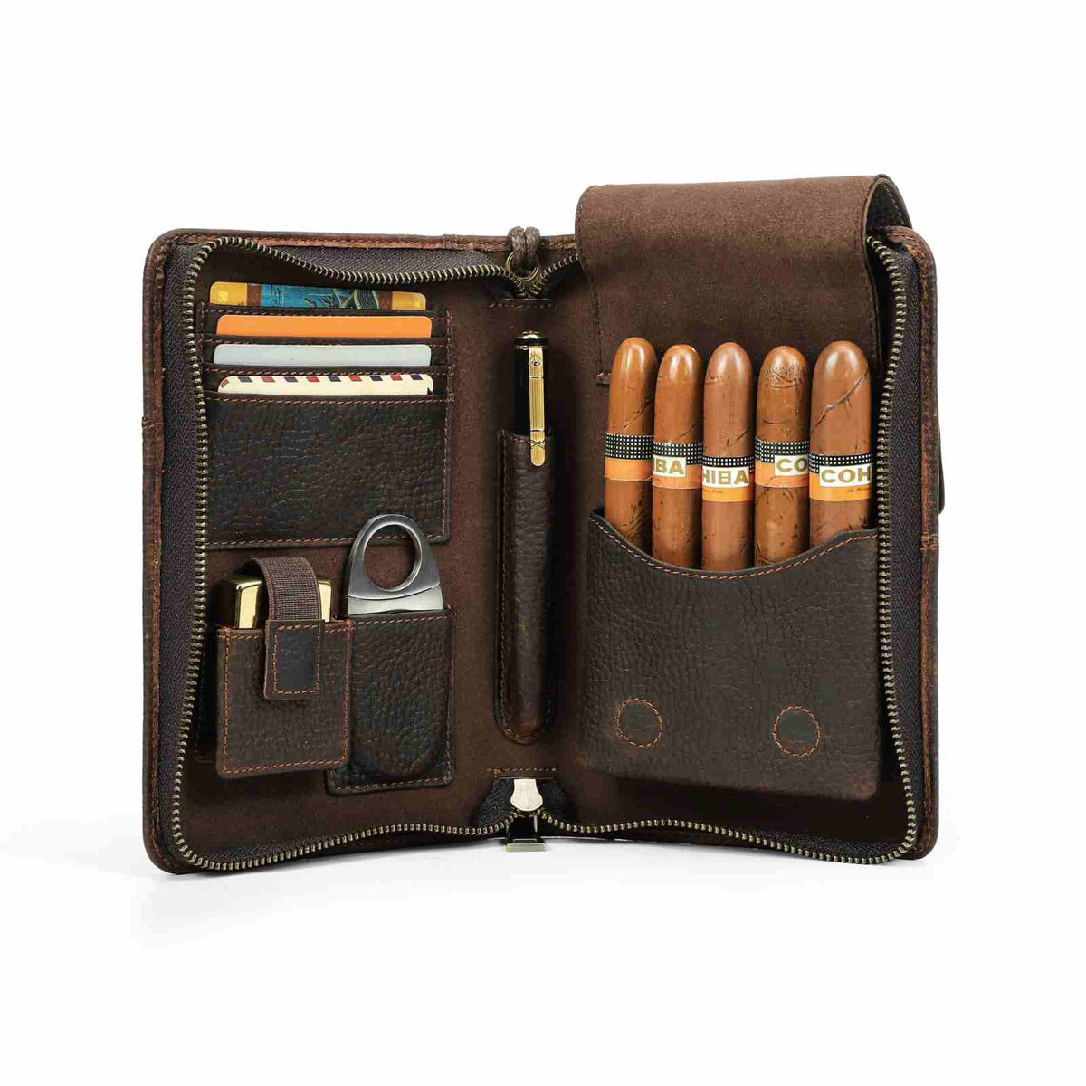 Handmade Full-Grain Leather 5-Cigar Travel Organizer — CF5009-Coffee