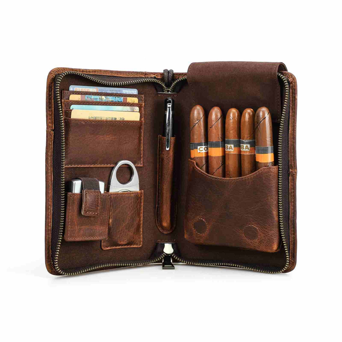 Handmade Full-Grain Leather 5-Cigar Travel Organizer — CF5009-Red-Brown