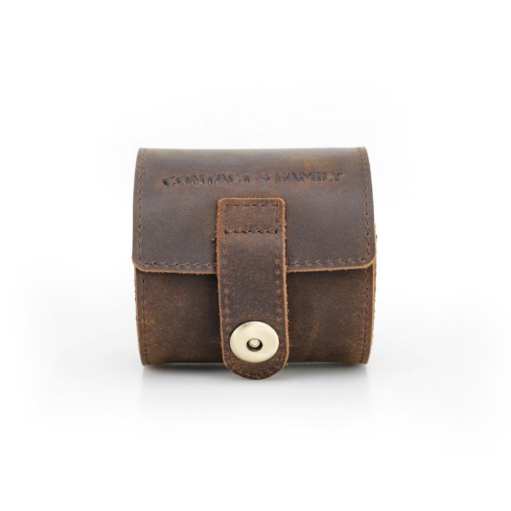 Handmade full-grain leather single-watch roll in Coffee, front view
