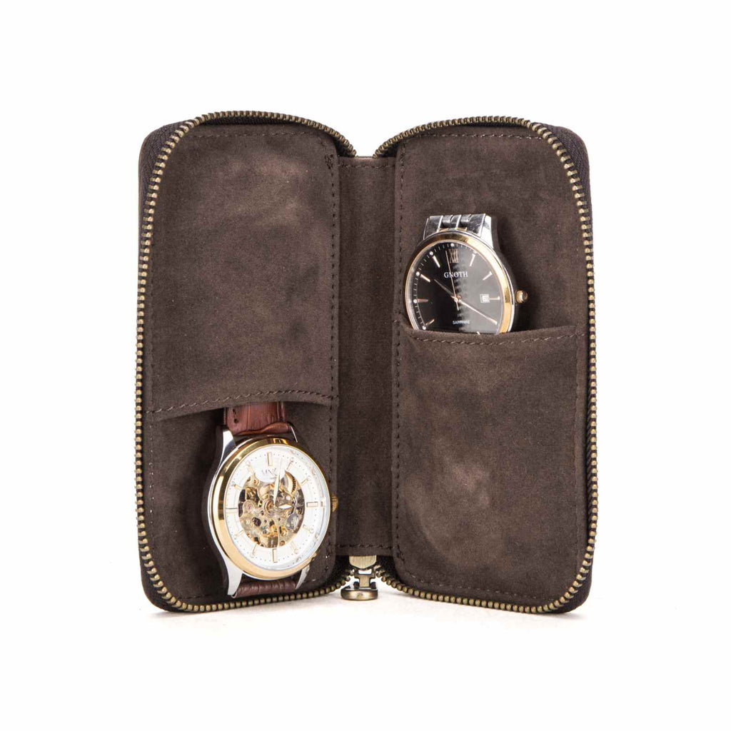 Handmade Full-Grain Leather 2-Watch Zipper Travel Case in Coffee - view 2