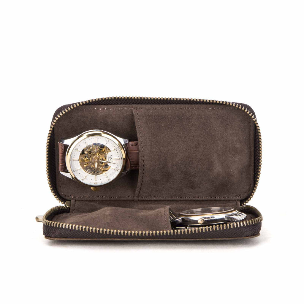 Handmade Full-Grain Leather 2-Watch Zipper Travel Case in Coffee - view 3