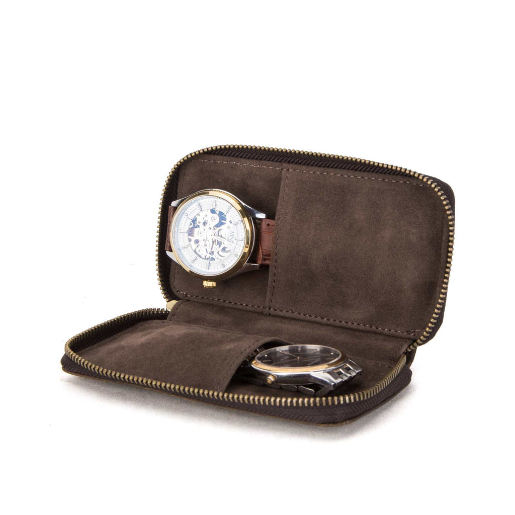 Handmade Full-Grain Leather 2-Watch Zipper Travel Case in Coffee - view 5