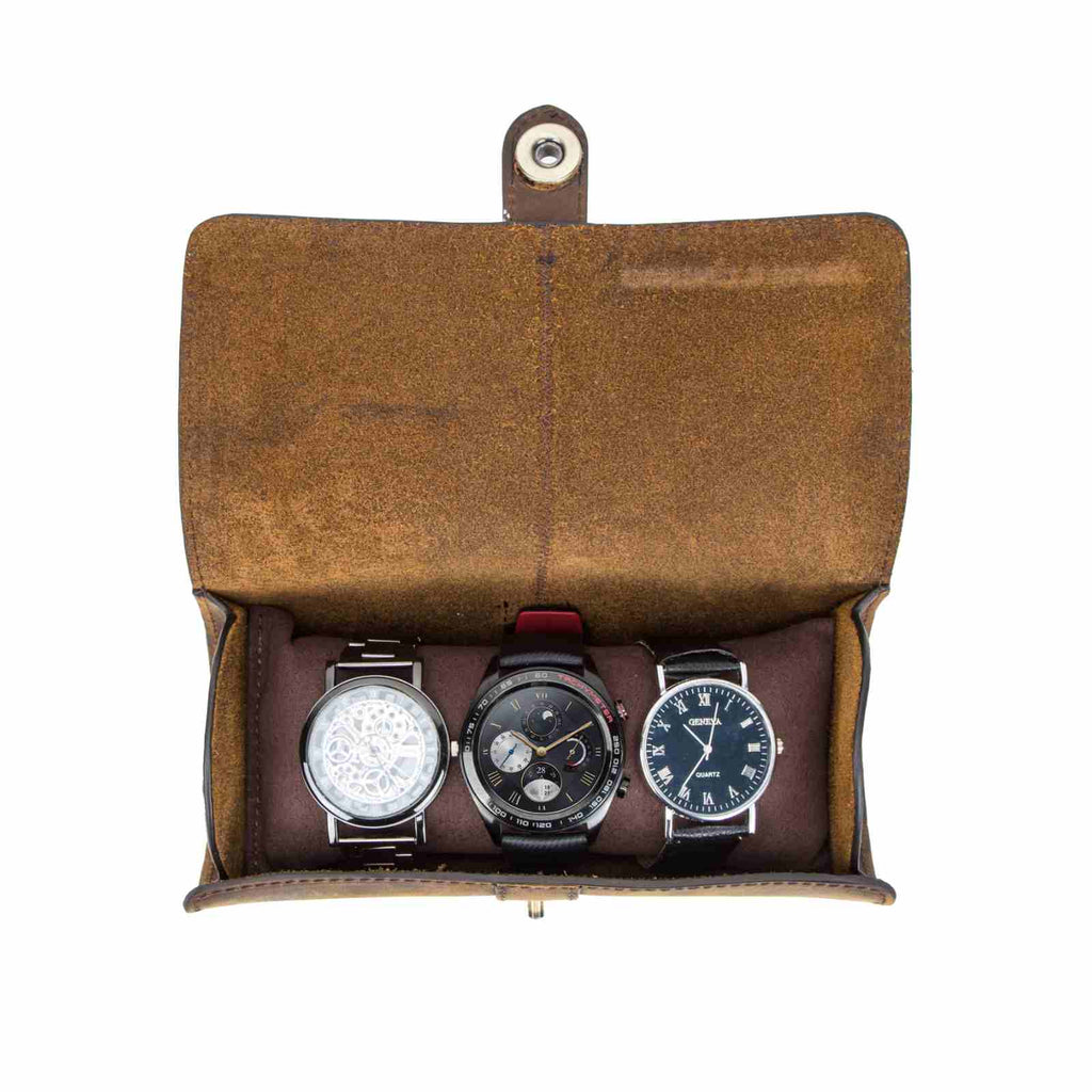 Handmade Full-Grain Leather 3-Watch Mini Travel Case in Coffee - view 3