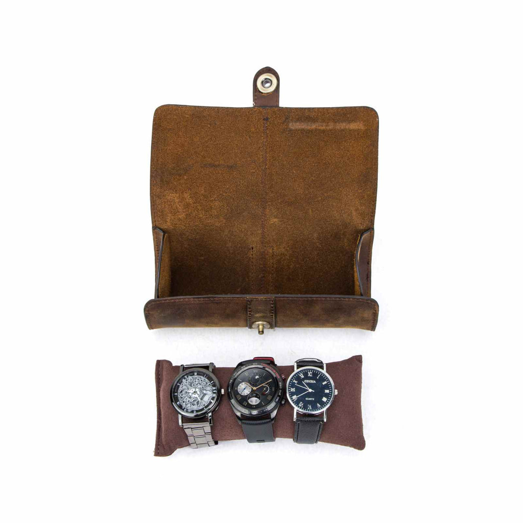 Handmade Full-Grain Leather 3-Watch Mini Travel Case in Coffee - view 4
