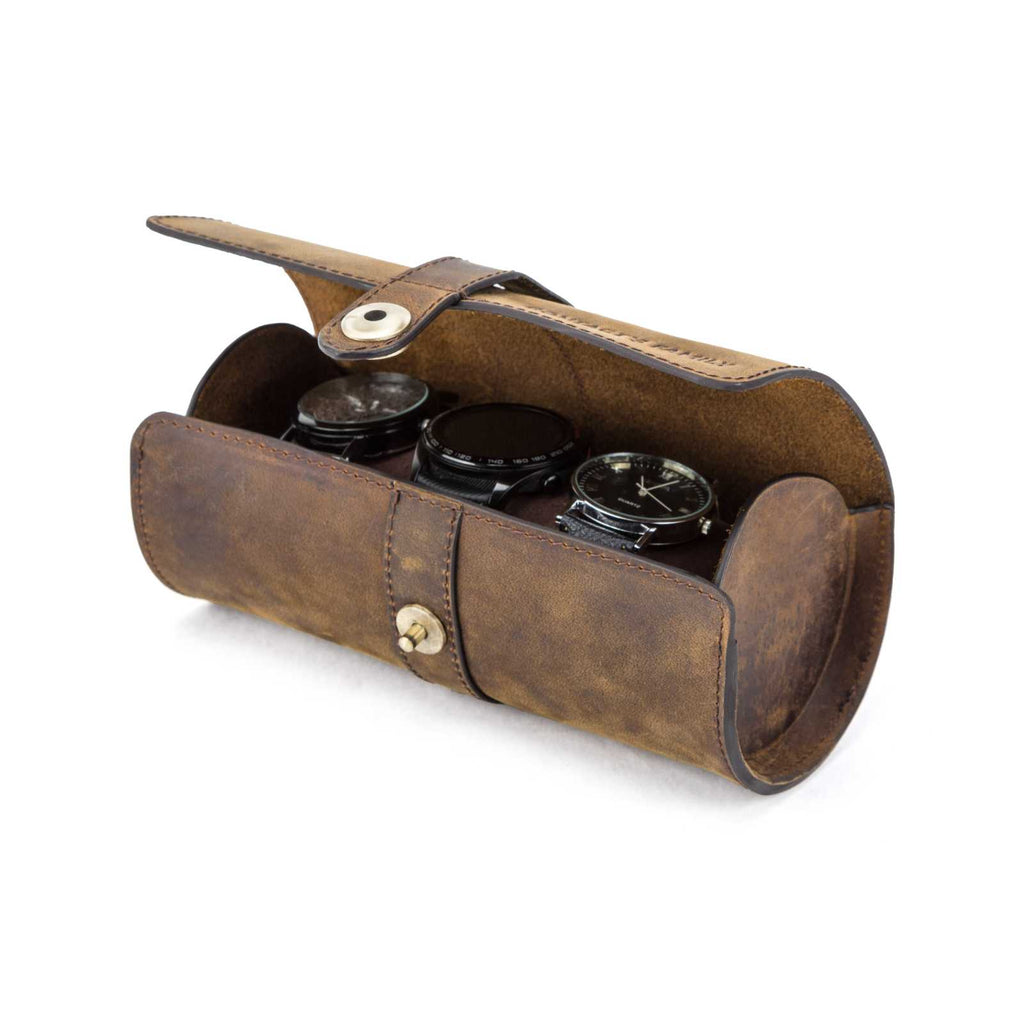 Handmade Full-Grain Leather 3-Watch Mini Travel Case in Coffee - view 5