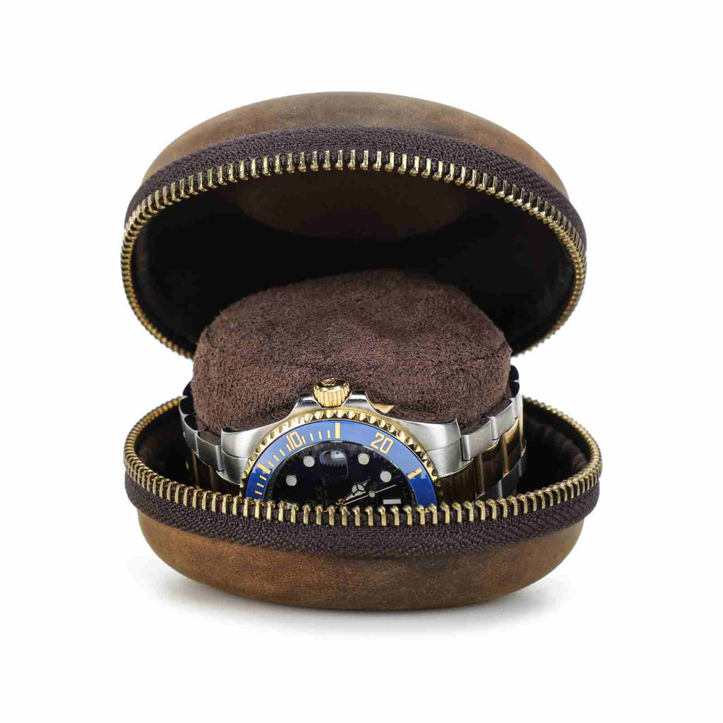 Handmade Full-Grain Leather Single-Watch Donut Travel Case in Coffee - view 2