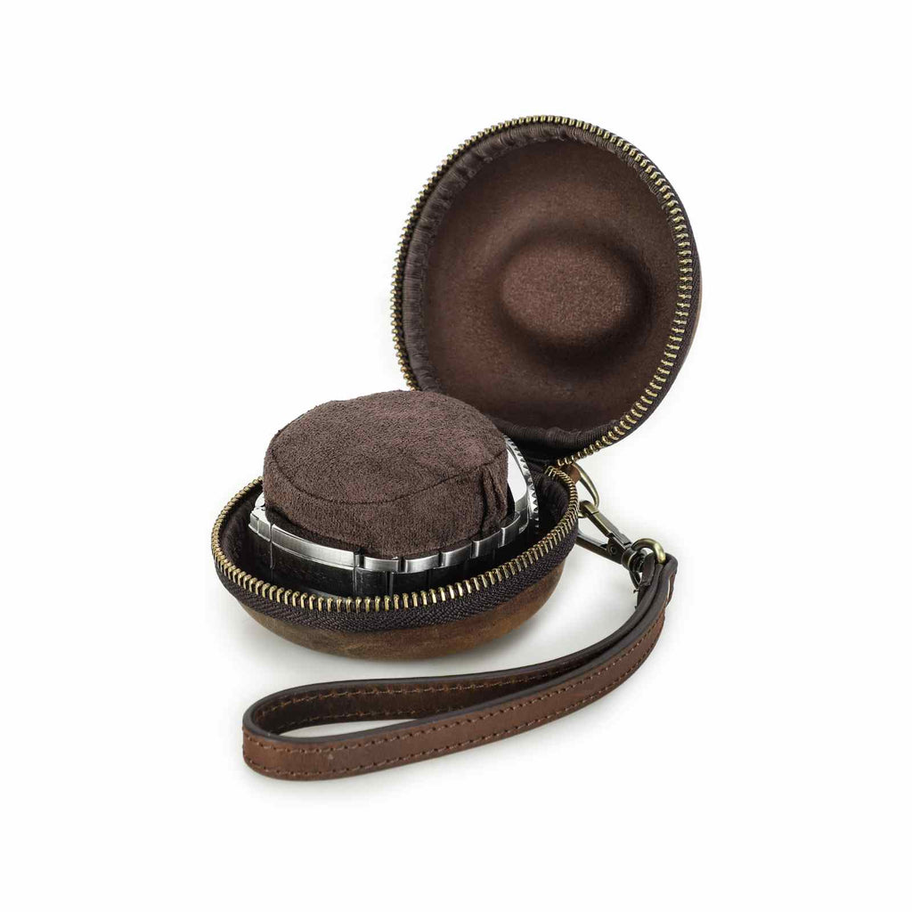 Handmade Full-Grain Leather Single-Watch Donut Travel Case in Coffee - view 6