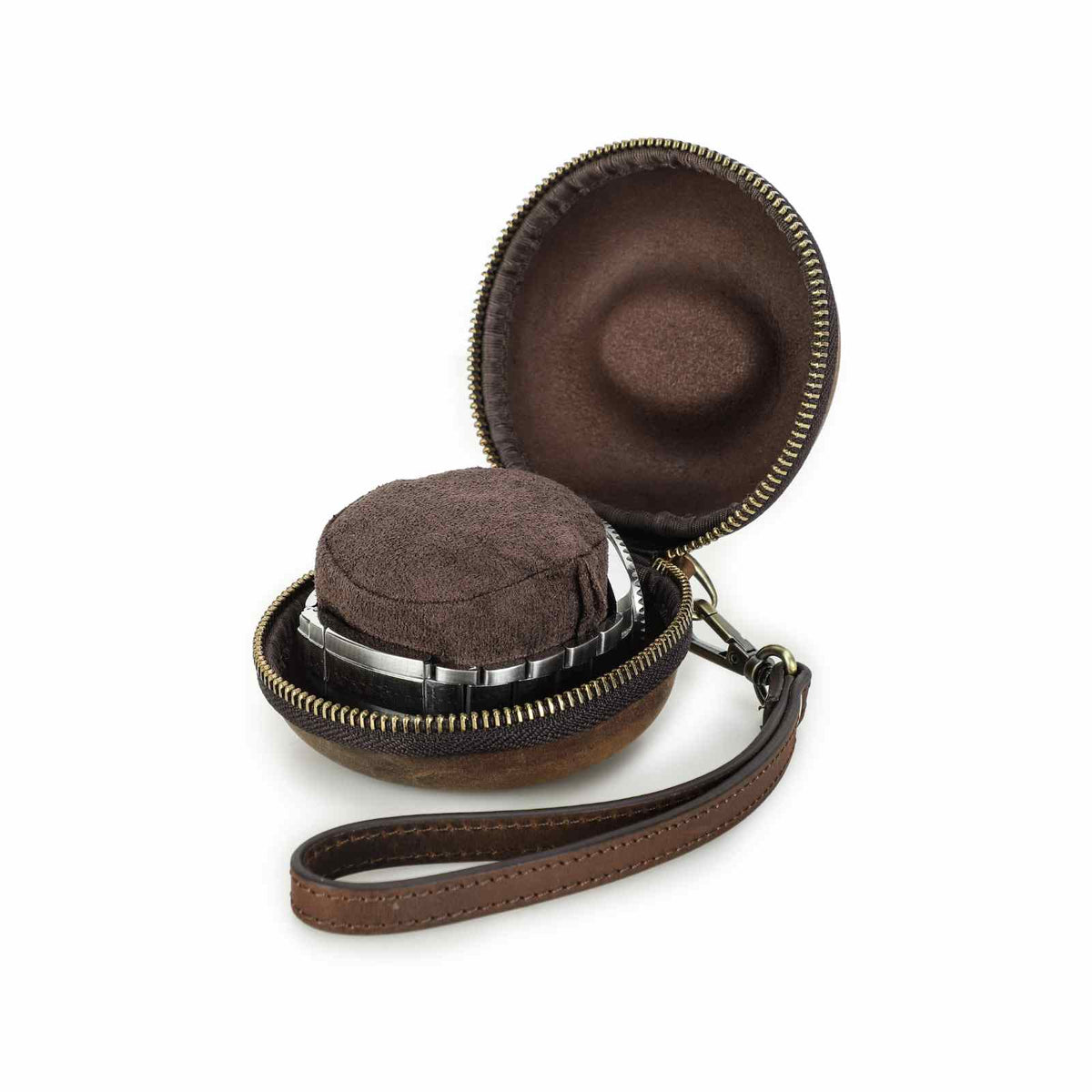 Handmade Full-Grain Leather Single-Watch Donut Travel Case in Coffee - view 6