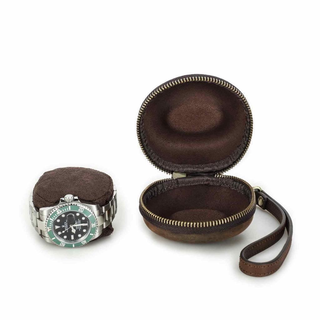 Handmade Full-Grain Leather Single-Watch Donut Travel Case in Coffee - view 7