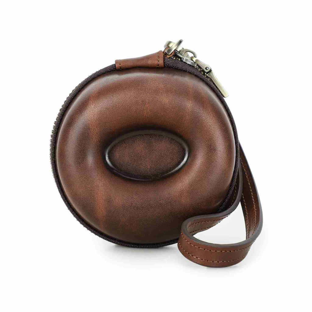 Handmade Full-Grain Leather Single-Watch Donut Travel Case in Red Brown - view 1