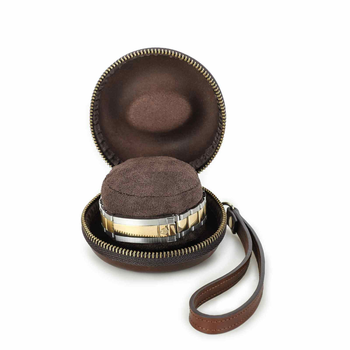 Handmade Full-Grain Leather Single-Watch Donut Travel Case in Red Brown - view 3