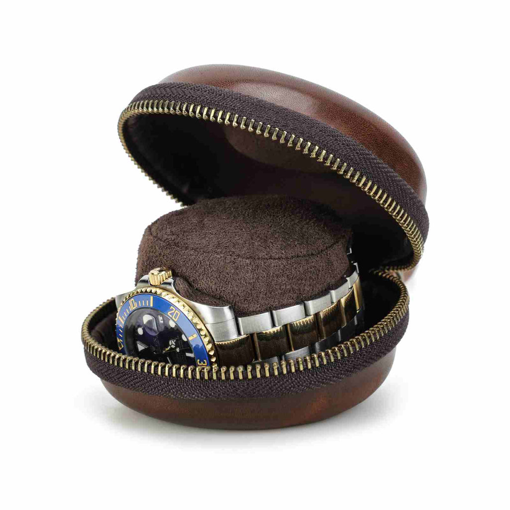 Handmade Full-Grain Leather Single-Watch Donut Travel Case in Red Brown - view 8