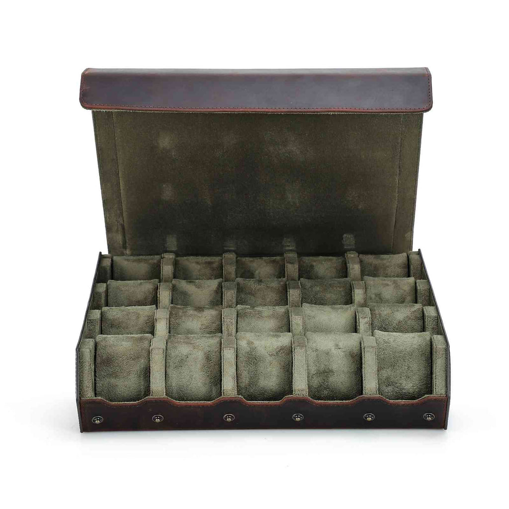 Handmade Oil Nubuck Leather 20-Watch Storage Case in Dark Brown - view 2