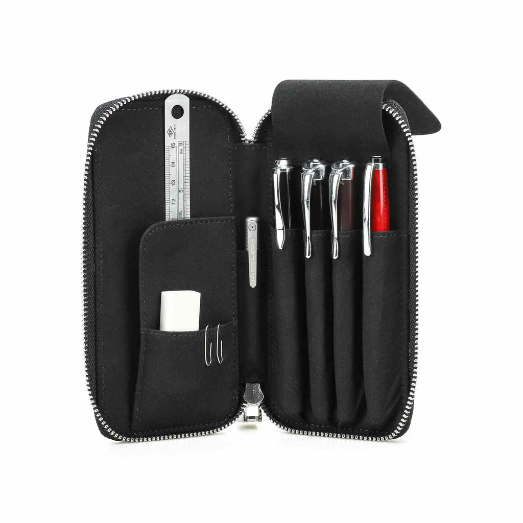 Handmade full-grain leather four-pen organizer in Black