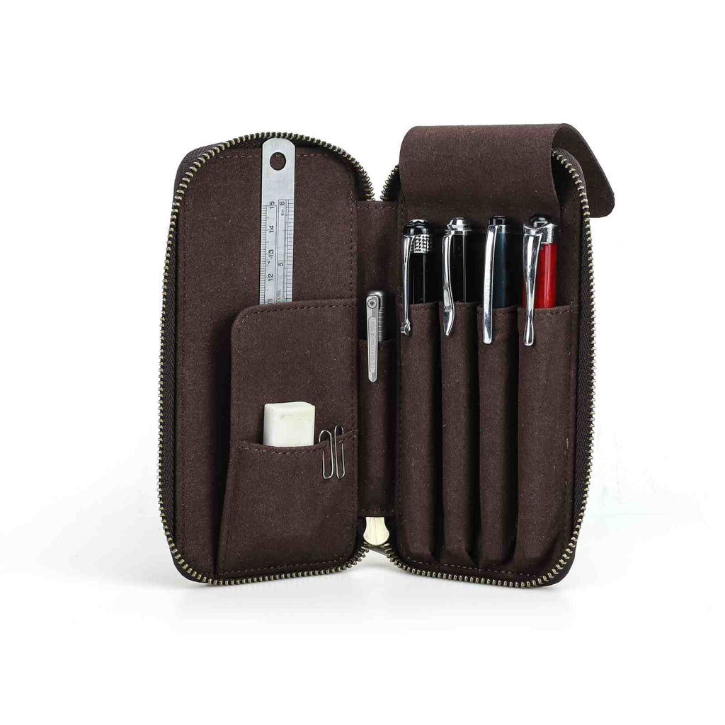 Handmade full-grain leather four-pen organizer in Coffee