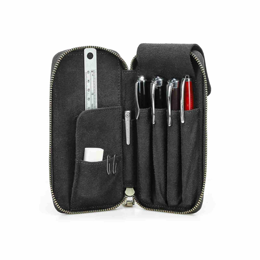 Handmade full-grain leather four-pen organizer in Gray