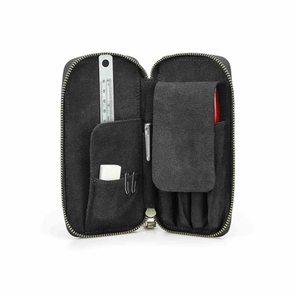 Handmade full-grain leather four-pen organizer in Gray