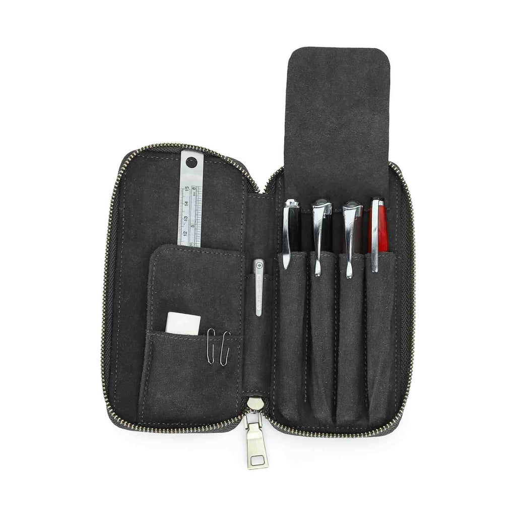 Handmade full-grain leather four-pen organizer in Gray