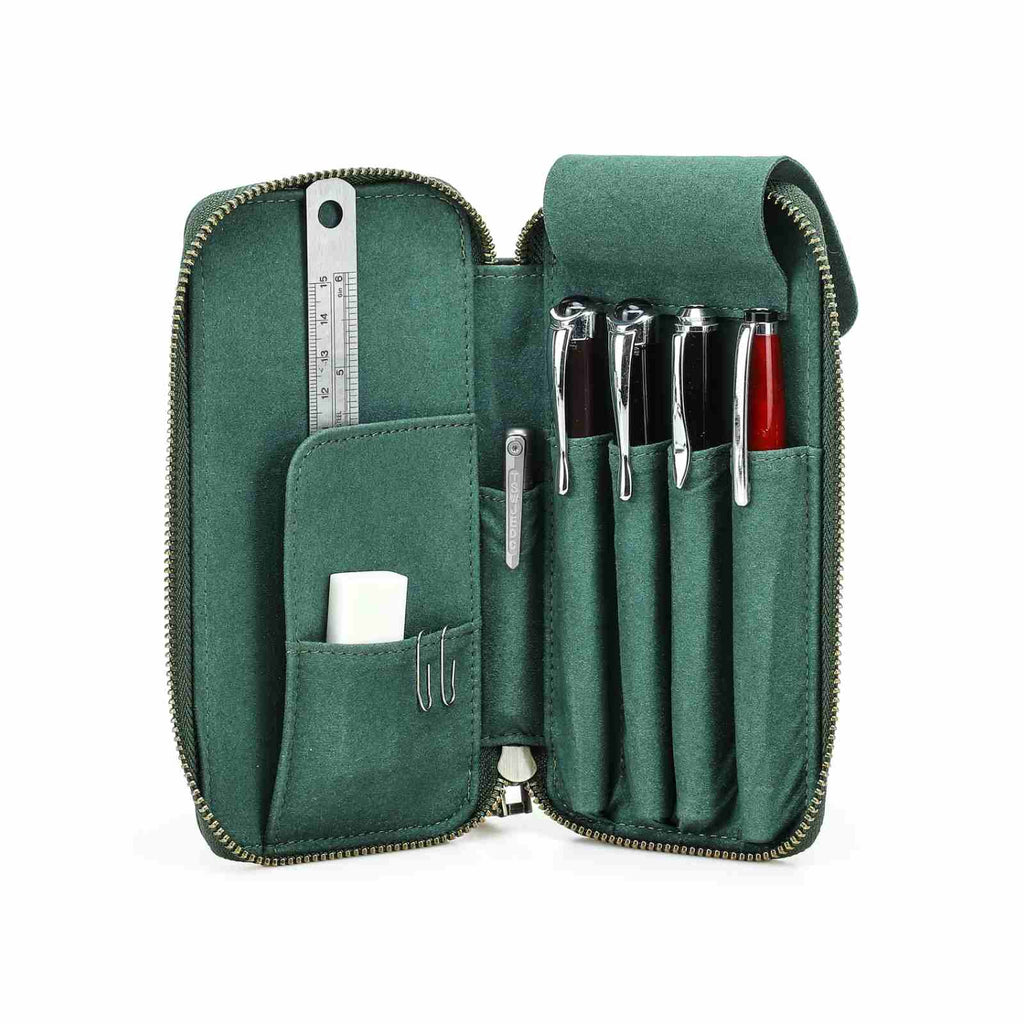 Handmade full-grain leather four-pen organizer in Green
