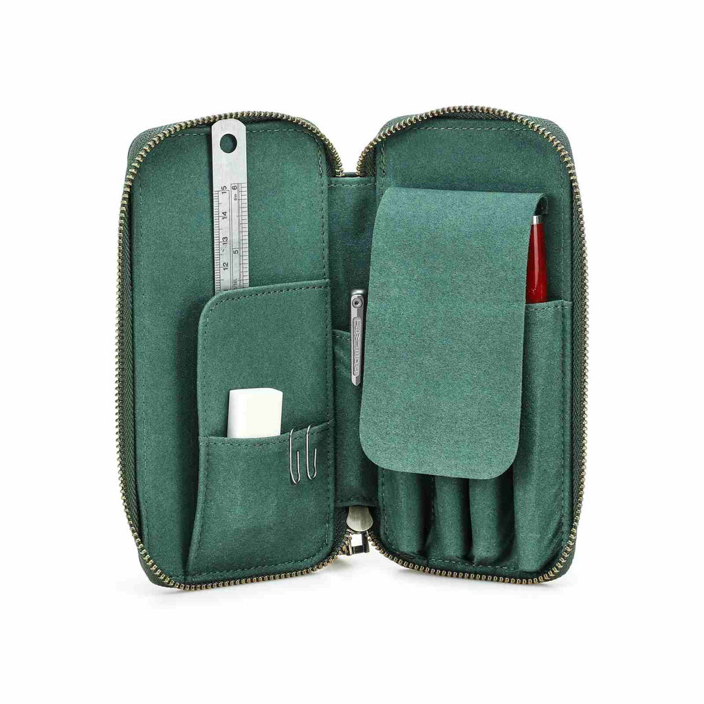 Handmade full-grain leather four-pen organizer in Green