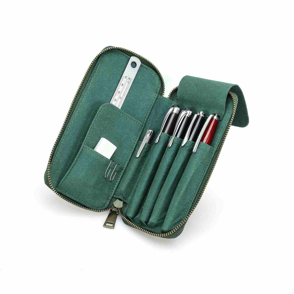 Handmade full-grain leather four-pen organizer in Green