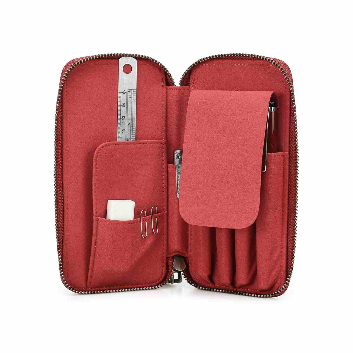 Handmade full-grain leather four-pen organizer in Red