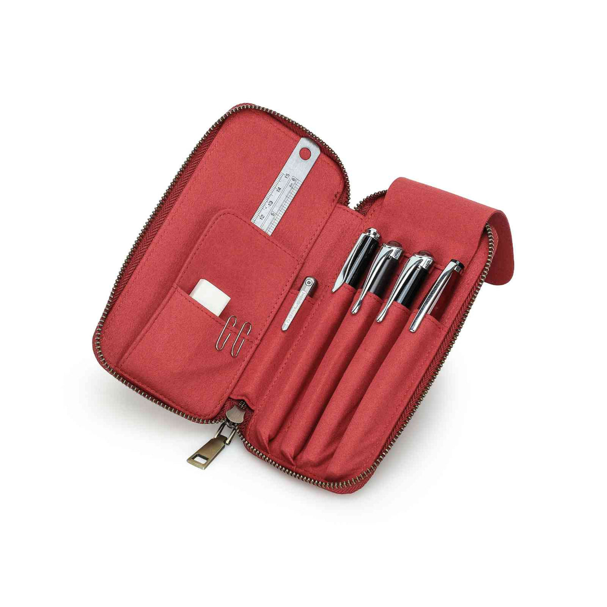 Handmade full-grain leather four-pen organizer in Red