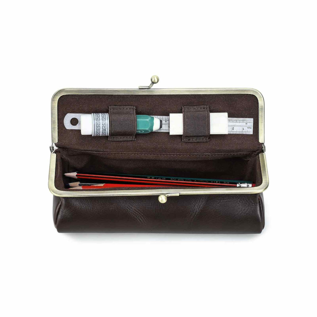 Handmade full-grain oiled leather kiss-lock pencil case