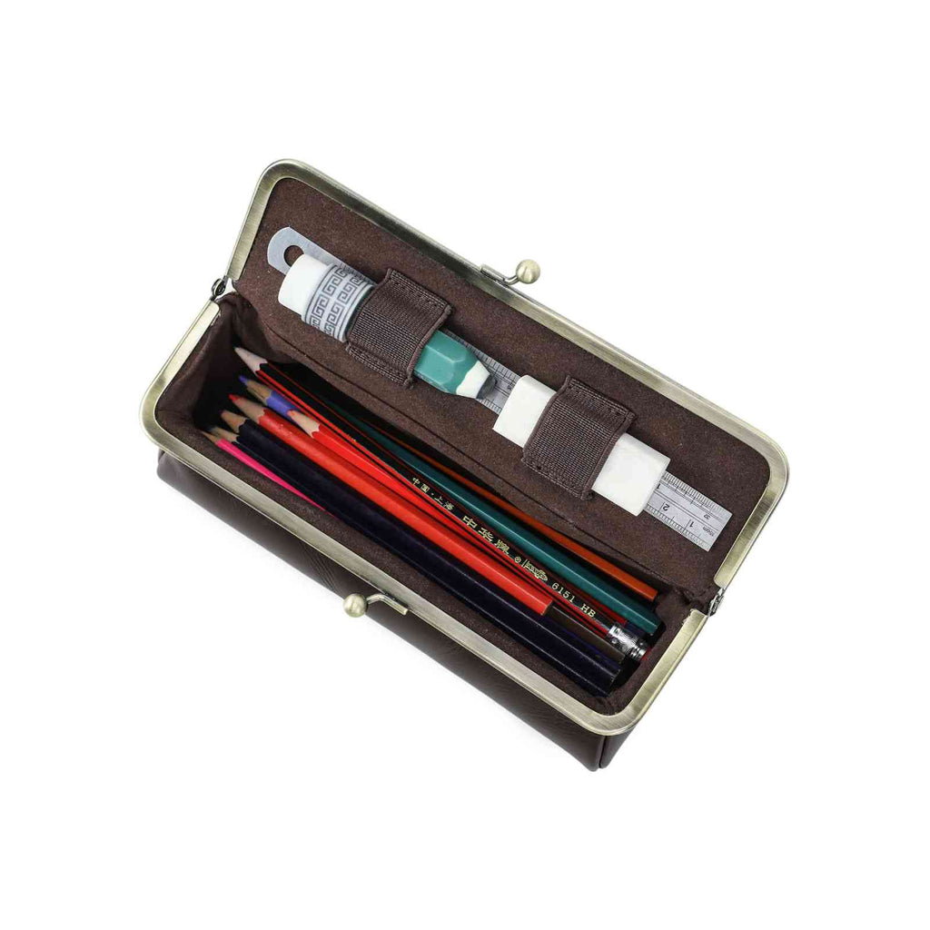 Handmade full-grain oiled leather kiss-lock pencil case