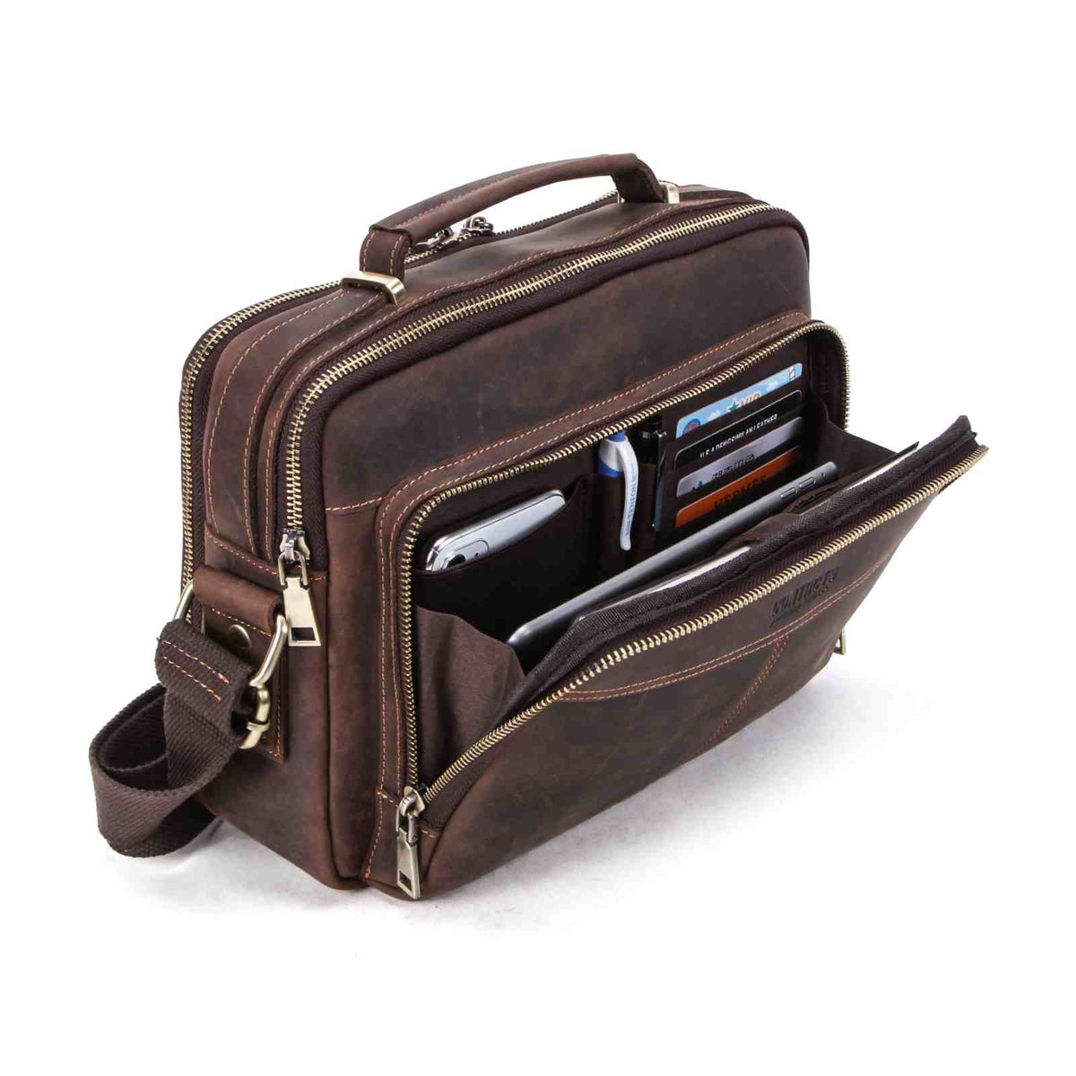 Handmade Full-Grain Leather 8.3-Inch Tablet Crossbody Bag in Coffee - view 3