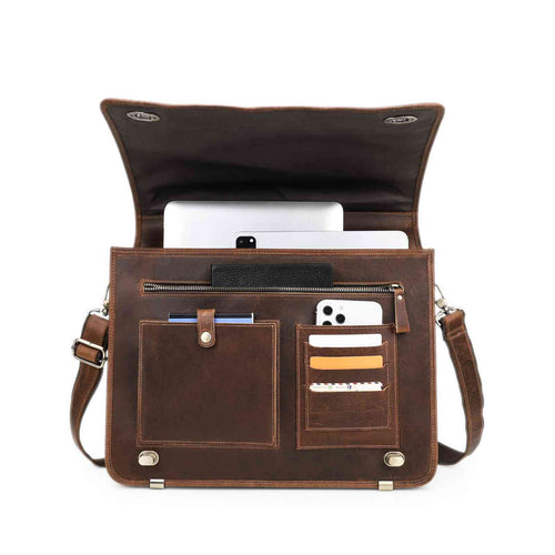Handmade Full-Grain Leather 15.4-Inch Laptop Briefcase in Red Brown - view 1